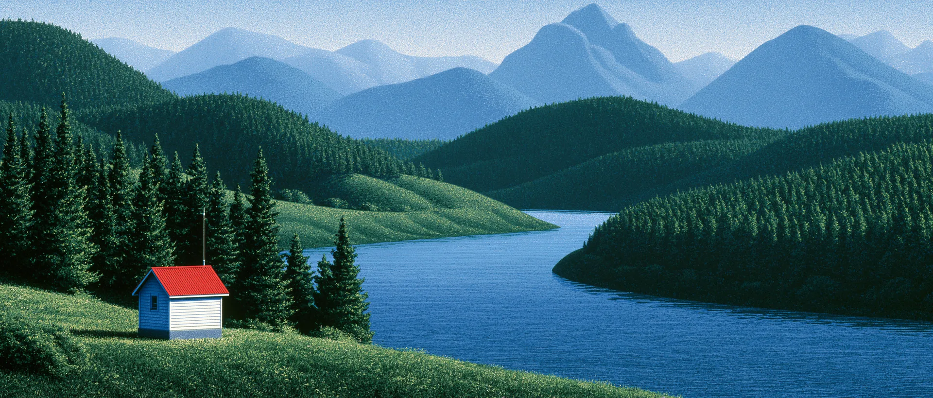 Canadian inland watershed with a hydrometric monitoring station beside a winding river, boreal forest, and distant mountains.